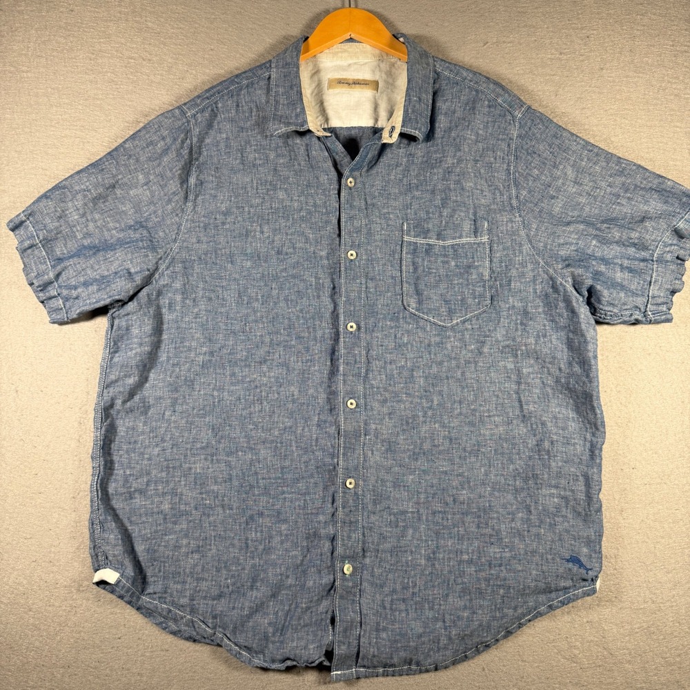 Tommy Bahama Mens XXL Blue 100% Linen Short Sleeve Button Up Shirt Logo 12781